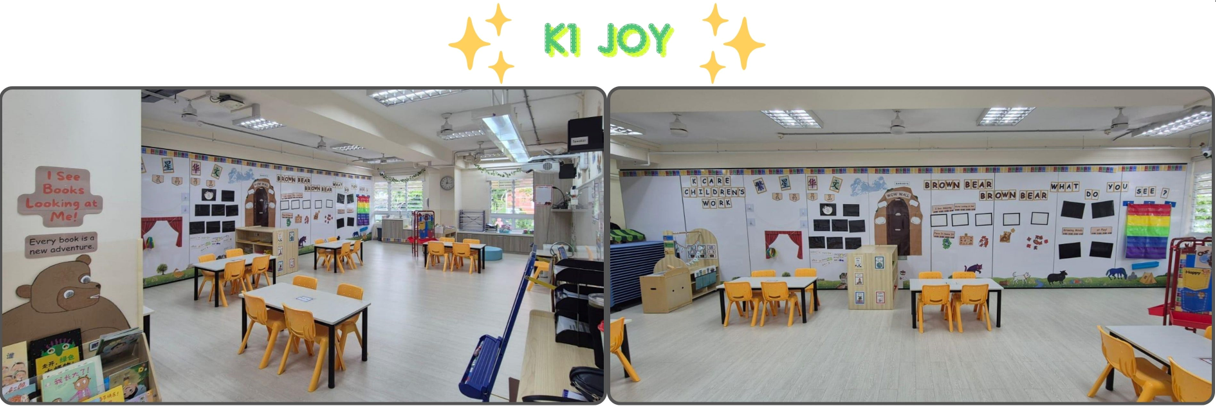 Two views of a bright kindergarten classroom with yellow chairs, white tables, and colorful wall displays labeled K1 Joy.